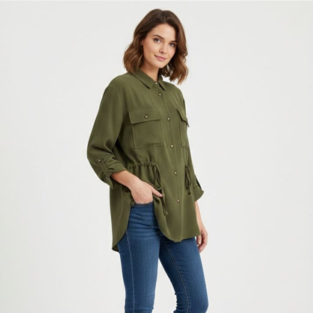 Rachel Zoe Utility Shirt Womens Small Green Button Up Waist Tie